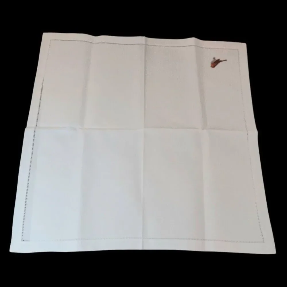 Hemstitch White Cotton Napkins With Bird And Flower Embroidered Set Of Two 19.5